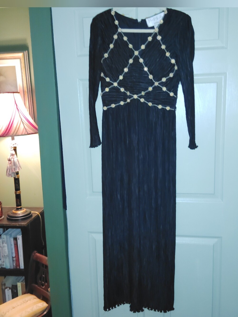 RARE Vintage Mary McFadden Couture Black Pleated 80's Gown Gold Beads Sz 4 - Picture 10 of 10